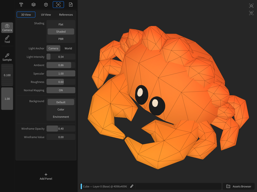 Wafer - 3D Texture Paint - Interfaz de la aplicación Wafer mostrando la vista 3D, ajustes de sombreado e iluminación para un modelo de cangrejo naranja