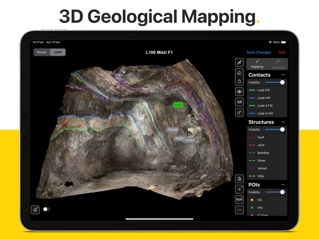 Rock Mapper - iPad interface of Rock Mapper app showing 3D geological mapping and structural annotations on a LiDAR scan of a rock face