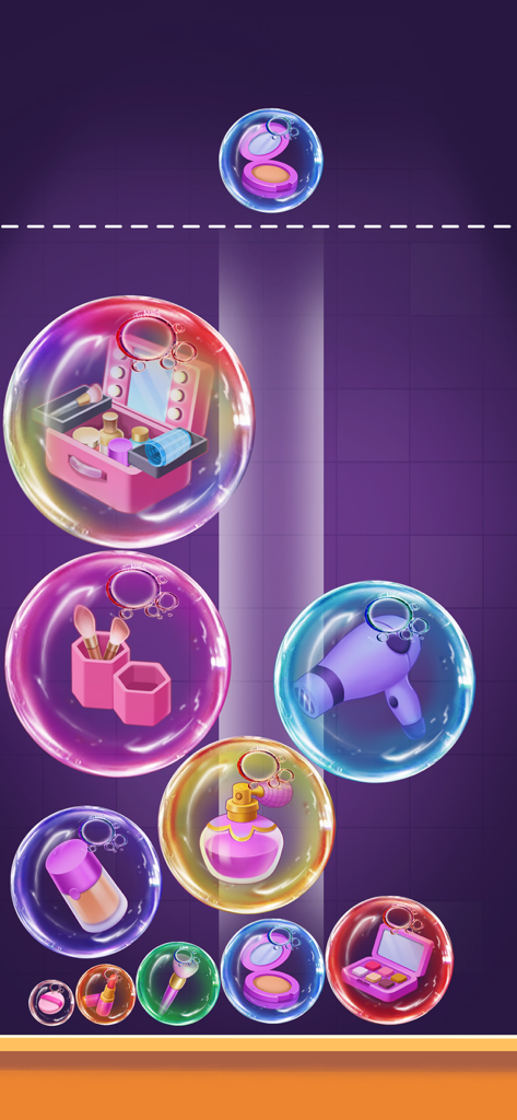ASMR Simulator-Makeover&Relax - Beauty- und Make-up-Artikel in bunten Blasen auf einem entspannenden Merge-Spiel-Bildschirm