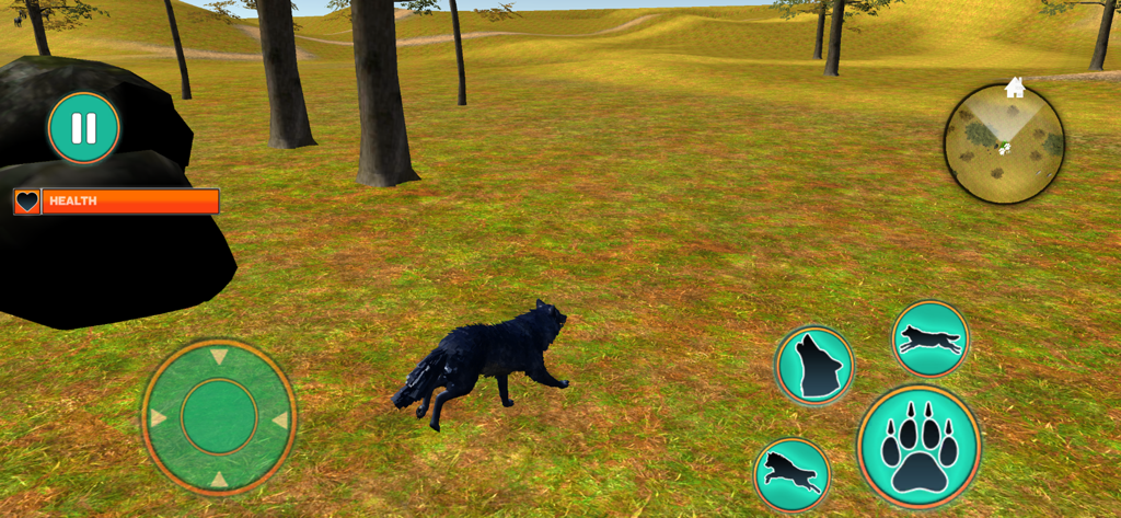 The Wild Wolf Sim: Rpg Game 3D - Third person view of a black wolf in a grassy open world environment with mobile RPG game controls