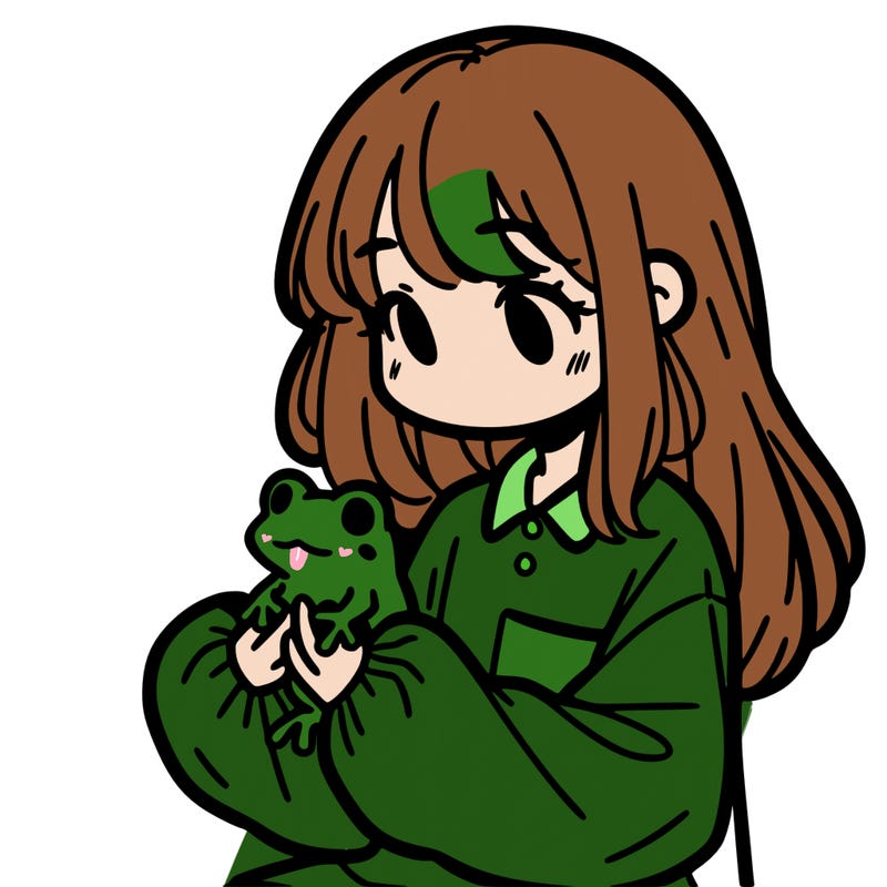 girl with long hair and a oversized shirt. and she is holding a frog