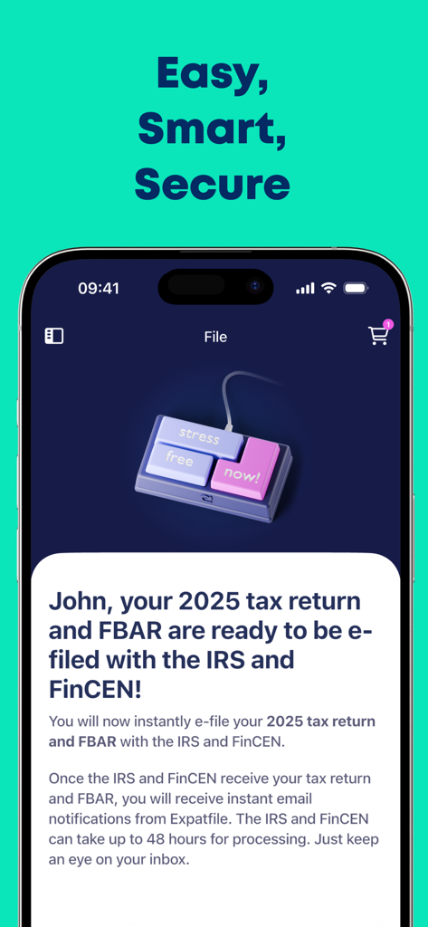 Expatfile - US Expat Taxes - Mobile app screen showing US tax return and FBAR ready for e-filing