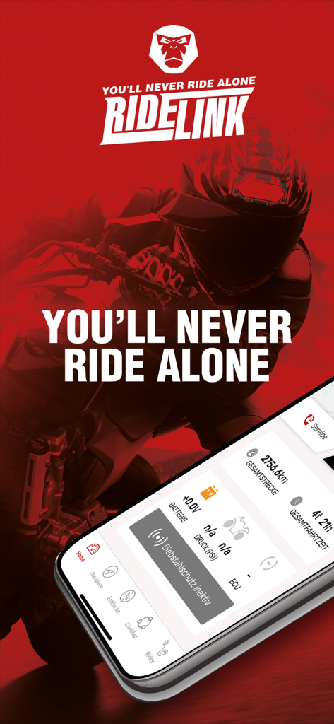 Un smartphone mostrando el panel de la aplicación RideLink Connect con telemática de motocicleta y estado de protección contra robos sobre un fondo rojo con un motociclista.