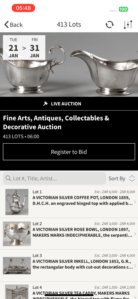Ashbeys - Ashbeys mobile app interface showing a list of Victorian silver auction lots with a register to bid button