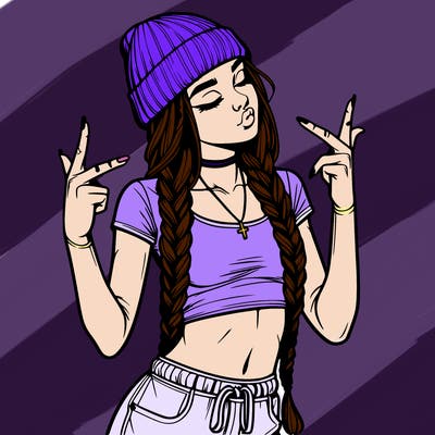 realistic teenage girl with braids and a beanie and crop top doing 🫶🏼