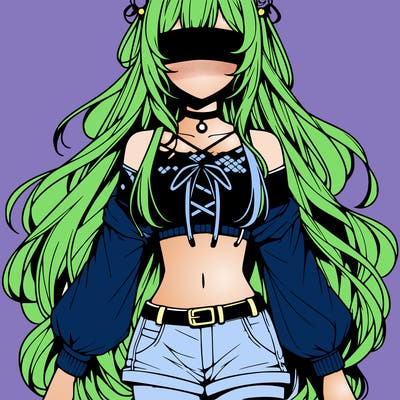 detailed anime girl with long hair ,with a blindfold and crop top and shorts