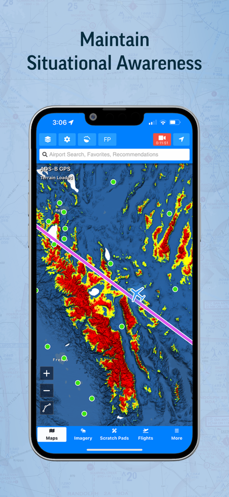 Aviator Assistant: Weather EFB - Aviator Assistant app showing a detailed radar map and flight path for pilot situational awareness
