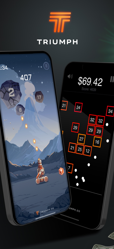 Triumph: Play for Cash - Zwei Smartphones, die geschicklichkeitsbasierte Arcade-Spiele und Geldprämien aus der Triumph-App anzeigen