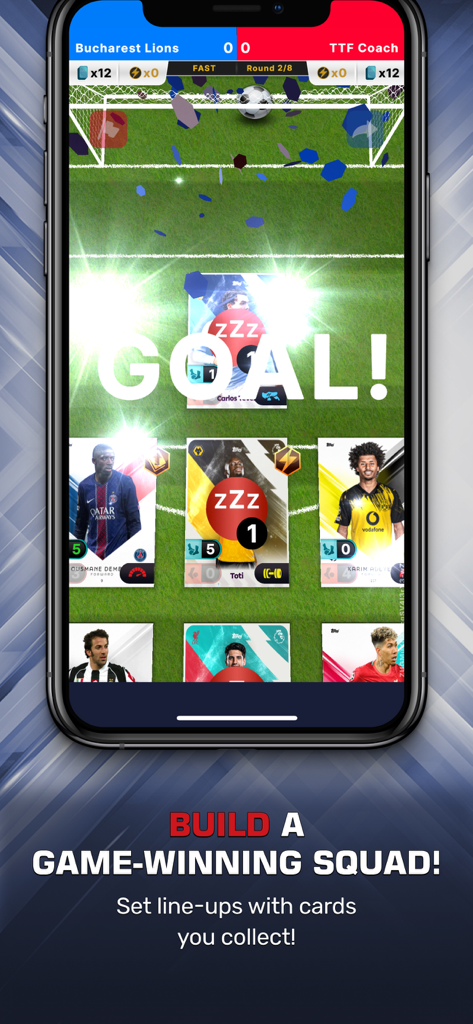 Topps Total Football® - Topps Total Football gameplay featuring a goal screen and strategic player card lineups.