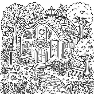 Step into a whimsical world where art meets adorable with this delightful Kawaii museum coloring page. Celebrate the beauty of spring as you bring vibrant life to a charming building surrounded by blooming nature and cute creatures.