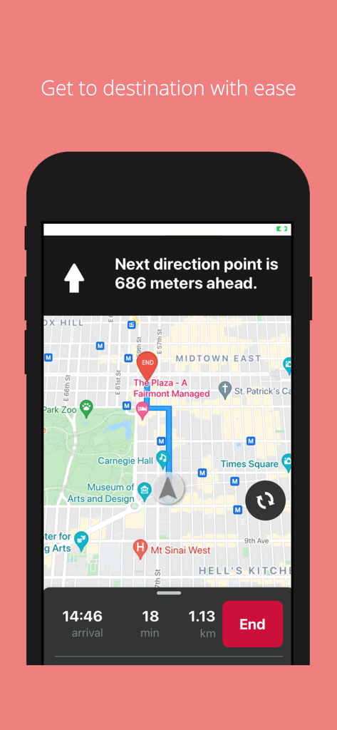 Map, Navigation for Pedestrian - Pedestrian navigation app map screen showing a walking route in New York City