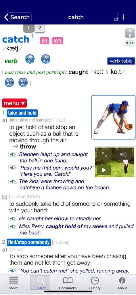 LDOCE app screen showing the definition of the word catch with example sentences and a descriptive image of a baseball player.