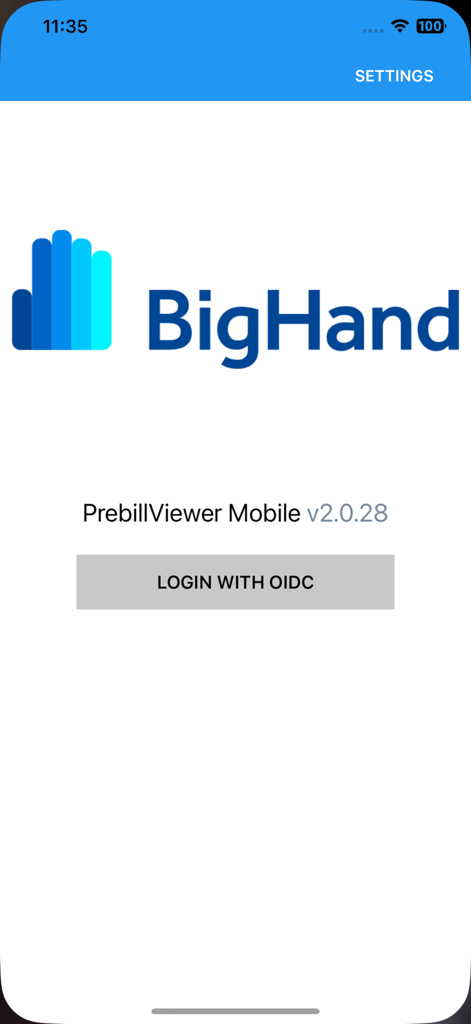 PrebillViewer - PrebillViewer Mobile login screen featuring BigHand logo and OIDC authentication button