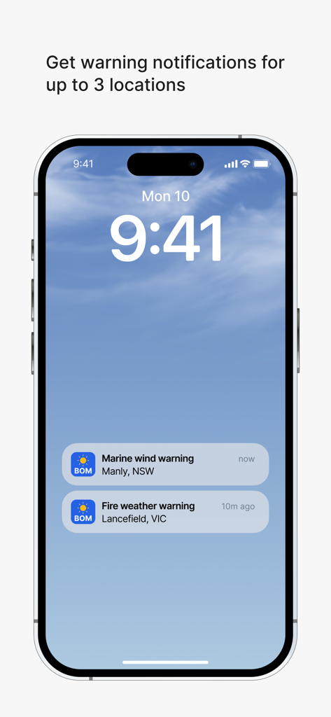 iPhone lock screen showing marine wind and fire weather warning notifications from the BOM Weather app