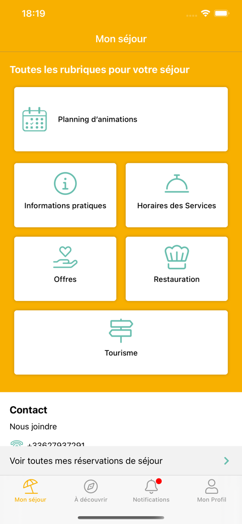 Cool'n Camp - Cool'n Camp app screen showing icons for activity planning practical info and service hours