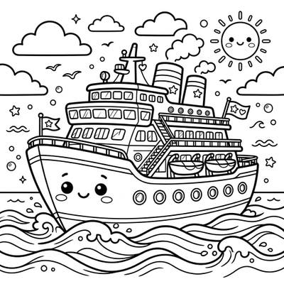 Embark on a delightful artistic journey with this charming Kawaii watercraft coloring page. Featuring an adorable cruise ship sailing under a happy sun, it's a perfect blend of cuteness and maritime adventure for colorists of all ages.