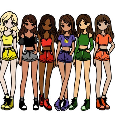 a group of girls wearing crop tops and shorts