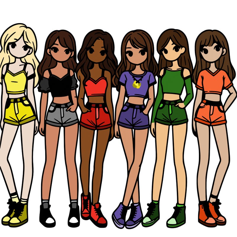 a group of girls wearing crop tops and shorts