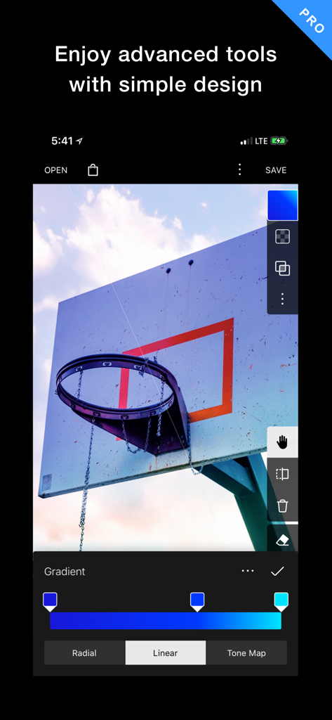 Polarr Pro Photo Editor interface showing a linear gradient mask tool applied to a photo of a basketball hoop