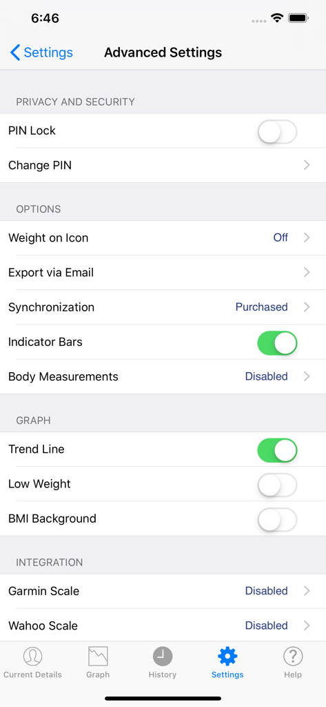 Advanced settings screen of the Monitor Your Weight app showing privacy options and scale integrations