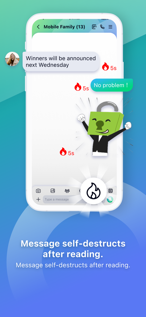 Letstalk IM - Letstalk IM mobile app interface showing chat messages with a five second self destruct timer.