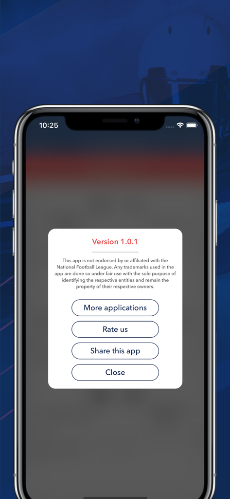 Pantalla emergente de información en la aplicación Football Schedule and Scores 25 con detalles de versión y botones de menú