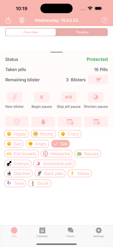 BC Pill Reminder - Dashboard view of the BC Pill Reminder app showing pill status and a collection of symptom tracking icons