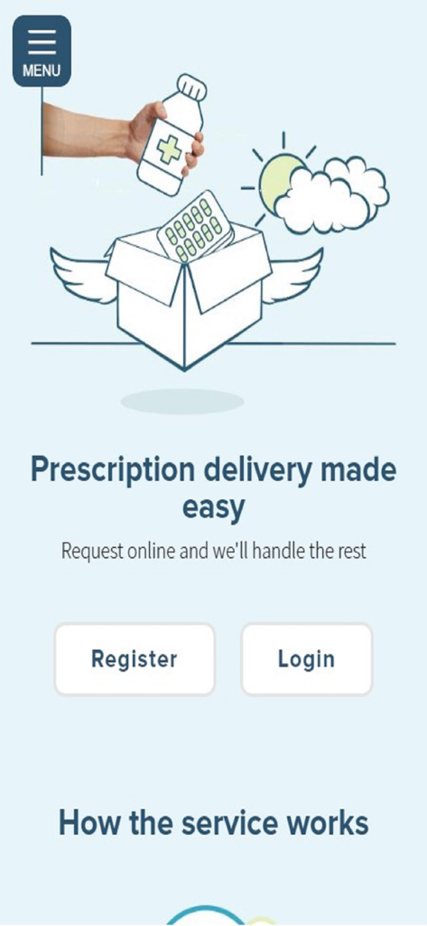 The Prescription App - Schermata principale dell'app MyPrescriptions con servizi di consegna di prescrizioni e pulsanti di registrazione e accesso