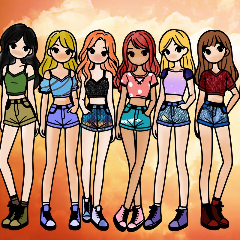 a group of girls wearing crop tops and shorts