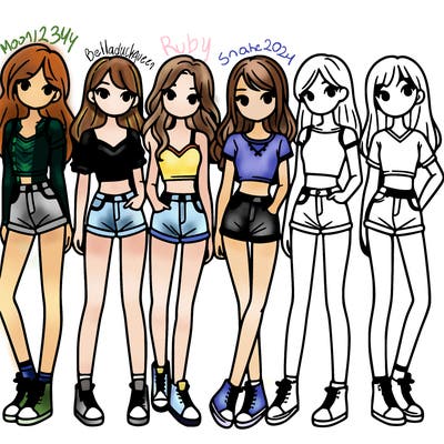 a group of girls wearing crop tops and shorts