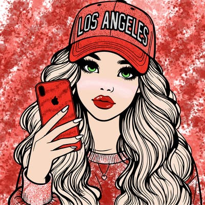 realistic beautiful girl wearing los ángeles cap holding an iphone