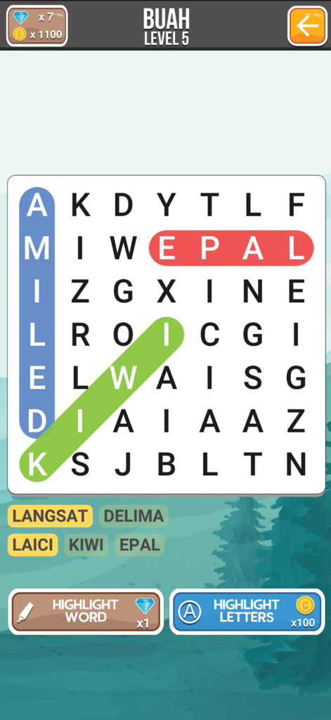 Belajar Mengeja ABC - 「Belajar Mengeja ABC」アプリの単語検索パズル画面。マレー語の果物の名前が特徴。