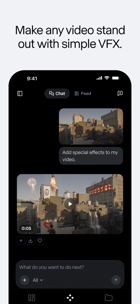 RunwayML - RunwayML app interface showing Chat Mode being used to add AI generated special effects to a video of a city skyline.