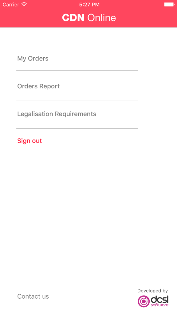 CDN Online - Tableau de bord de l'application mobile CDN Online montrant les options de menu pour Mes Commandes, Rapports de commandes et Exigences de légalisation
