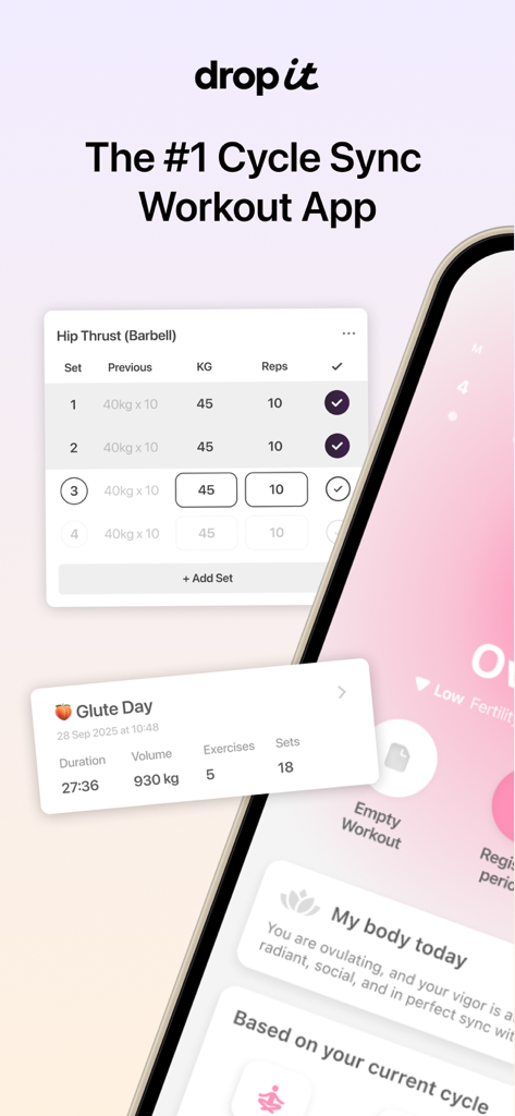 Cycle Sync Workouts: Drop It - Captura de pantalla de la aplicación Drop It que muestra registros de levantamiento de pesas y recomendaciones de entrenamiento de sincronización de ciclo