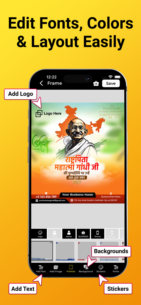 Interface of the Festival Design Poster Maker app showing options to edit fonts colors and layout on a Mahatma Gandhi memorial poster