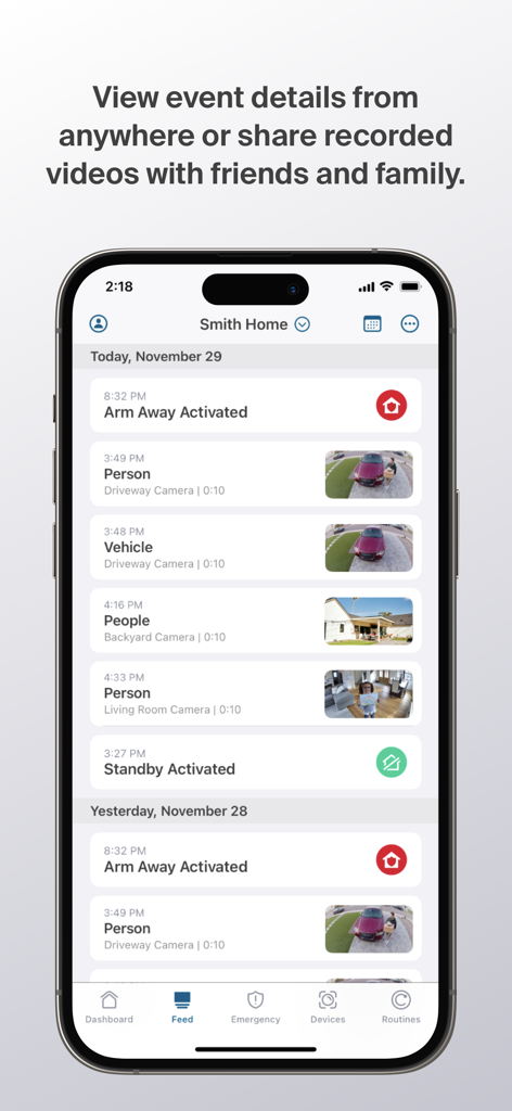 Arlo Secure app event feed displaying motion alerts and system status updates on a mobile screen