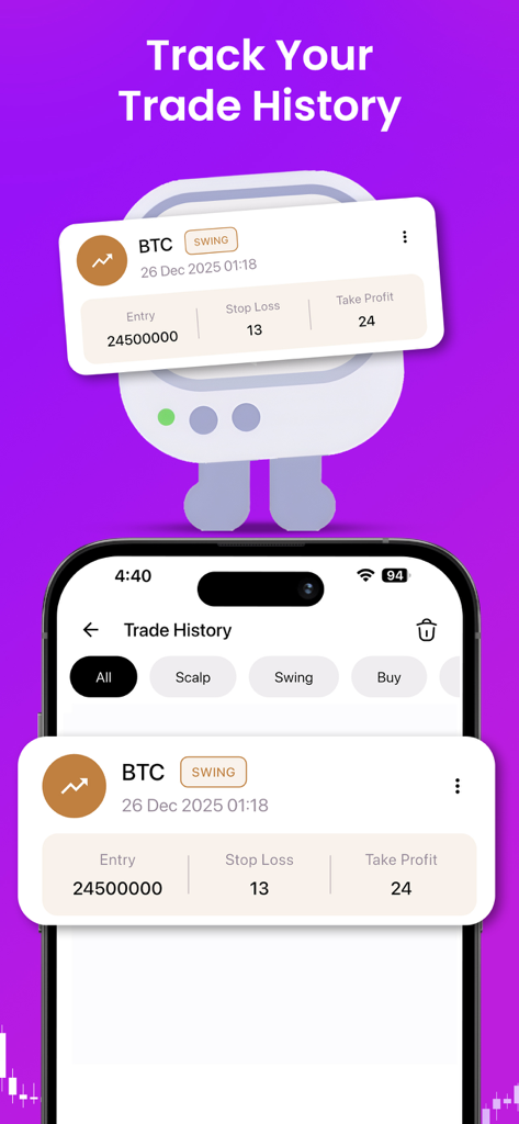 TradeSnap AI: Chart Analyzer - Mobile app interface showing trade history for Bitcoin with swing trade details