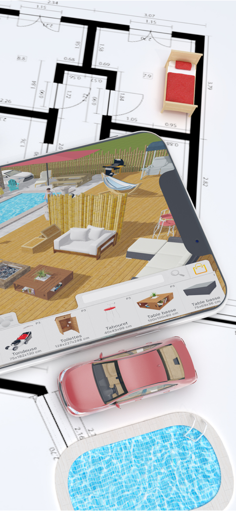 Keyplan 3D Lite - Home design - 2Dの間取り図の上に3D家具モデルのある3Dパティオのデザインが表示されたスマートフォン。