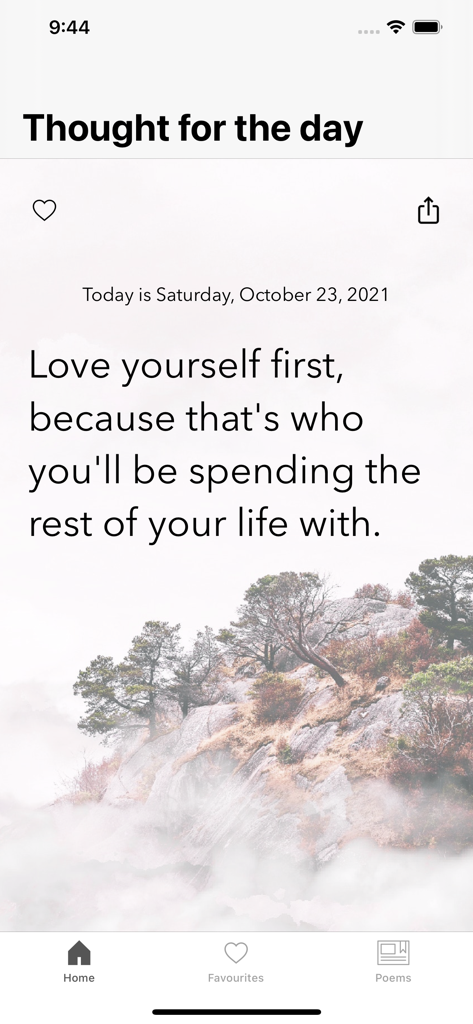 Simply Inspiring - Simply Inspiring app interface showing a self-love quote over a misty mountain landscape