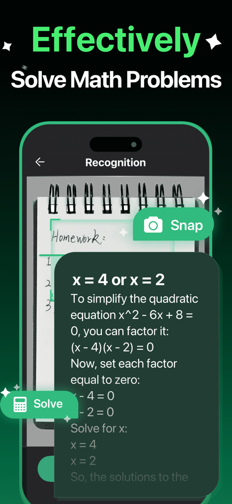 AI Chatbot - Ask AI Anything - AI Chatbot app interface showing how to solve a handwritten math quadratic equation by taking a photo