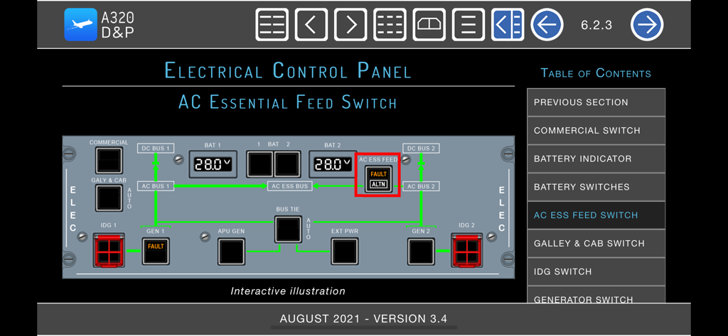 Interactive A320 electrical control panel interface in the Displays and Panels app