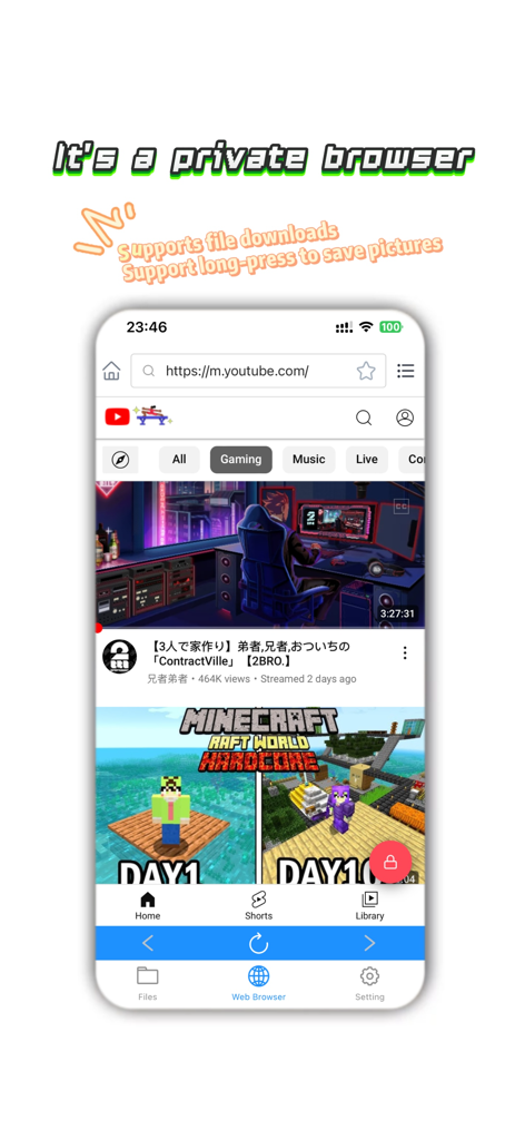 S Calculator – Private Vault - Interface of the private web browser within the S Calculator vault app showing a mobile video platform