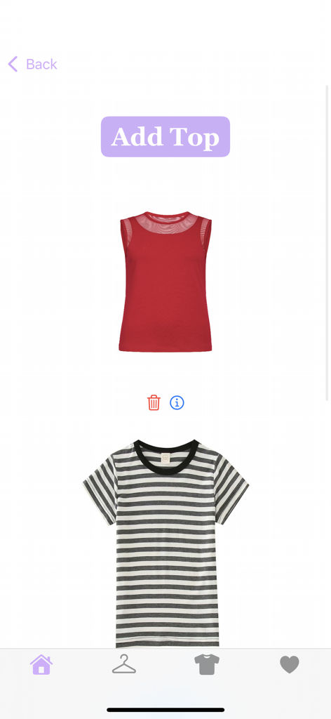 DigitalDresser - Mobile app interface for adding tops to a digital closet featuring a red top and striped shirt
