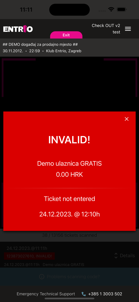 Entrio scan app showing a red invalid ticket alert on an iPhone screen.