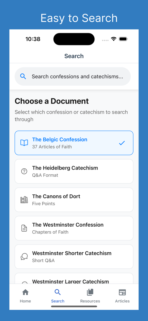 Knowing God - A search screen within the Knowing God app displaying a list of selectable Reformed Christian confessions and catechisms for study.