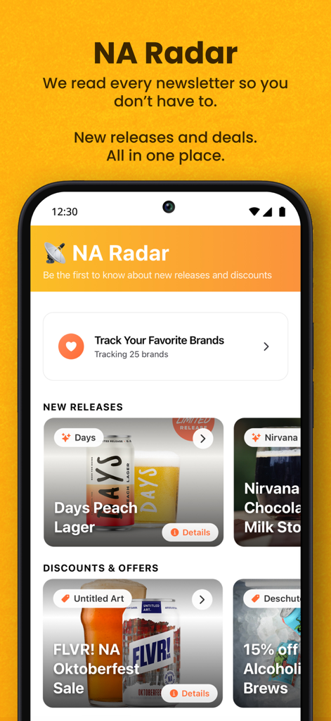 NA Beer Finder - NA Radar screen in the NA Beer Finder app showing new non-alcoholic drink releases and discounts