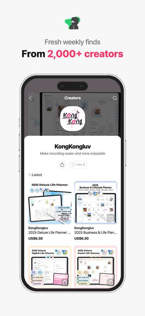 Webudding app interface showing a creator profile named KongKongluv with digital life and business planner templates