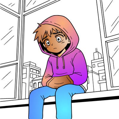 a boy who is sitting on the edge of the windowsill looking sad and hoodie on head