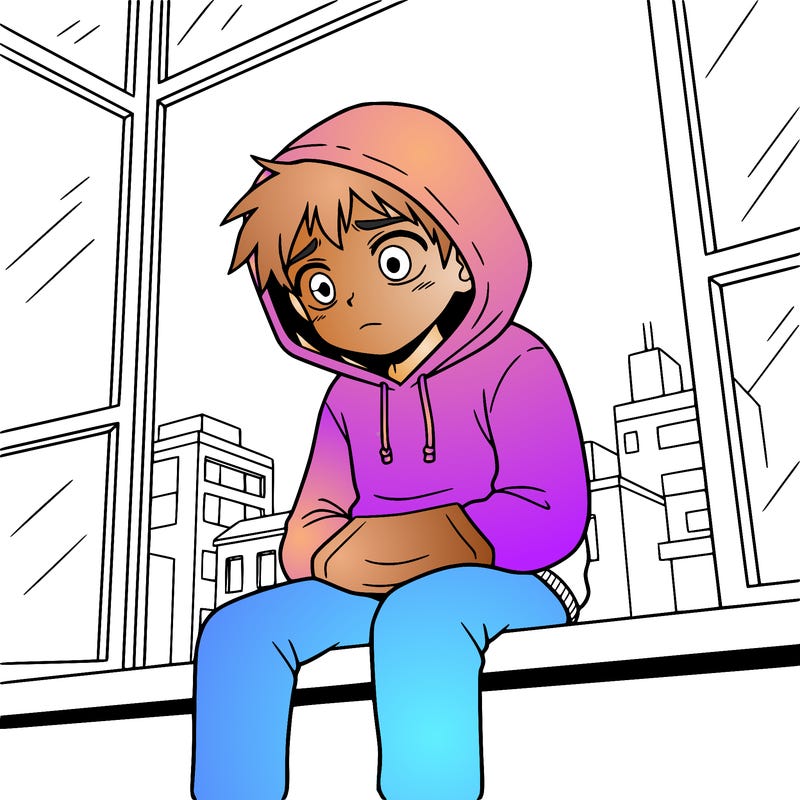 a boy who is sitting on the edge of the windowsill looking sad and hoodie on head